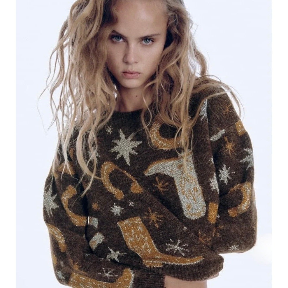 ZARA Western Cosmic Cowboy Boots Stars Jacquard Sweater Metallic Crewneck Small
