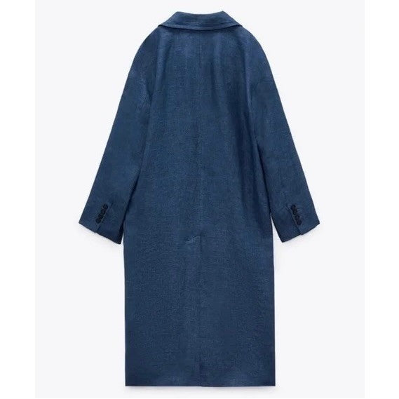 ZARA Limited Edition Linen Coat Buttons Pockets Double Breasted Blue X-Small