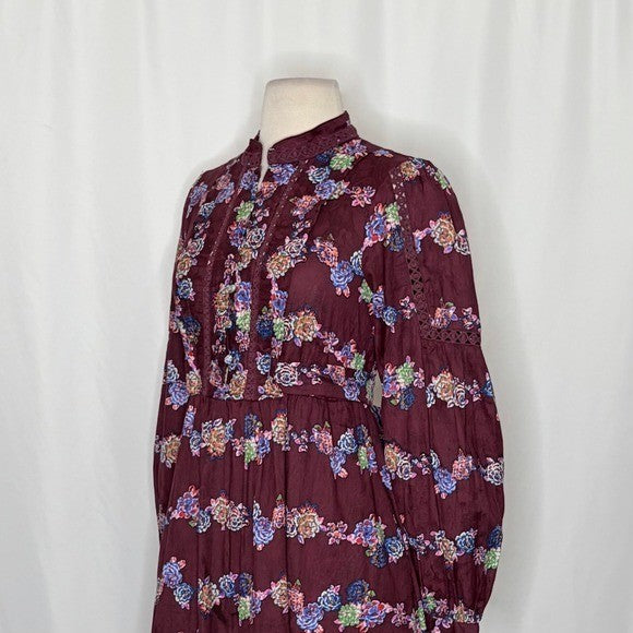 BY ANTHROPOLOGIE Mini Tunic Long Sleeve Dress Floral Lace Trims Purple X-Small