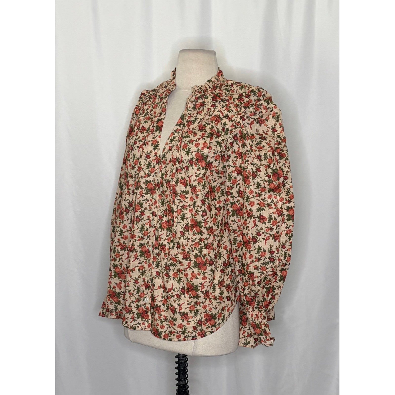 FREE PEOPLE Meant To Be Blouse Floral Vintage Combo Ruffled Smocked Small