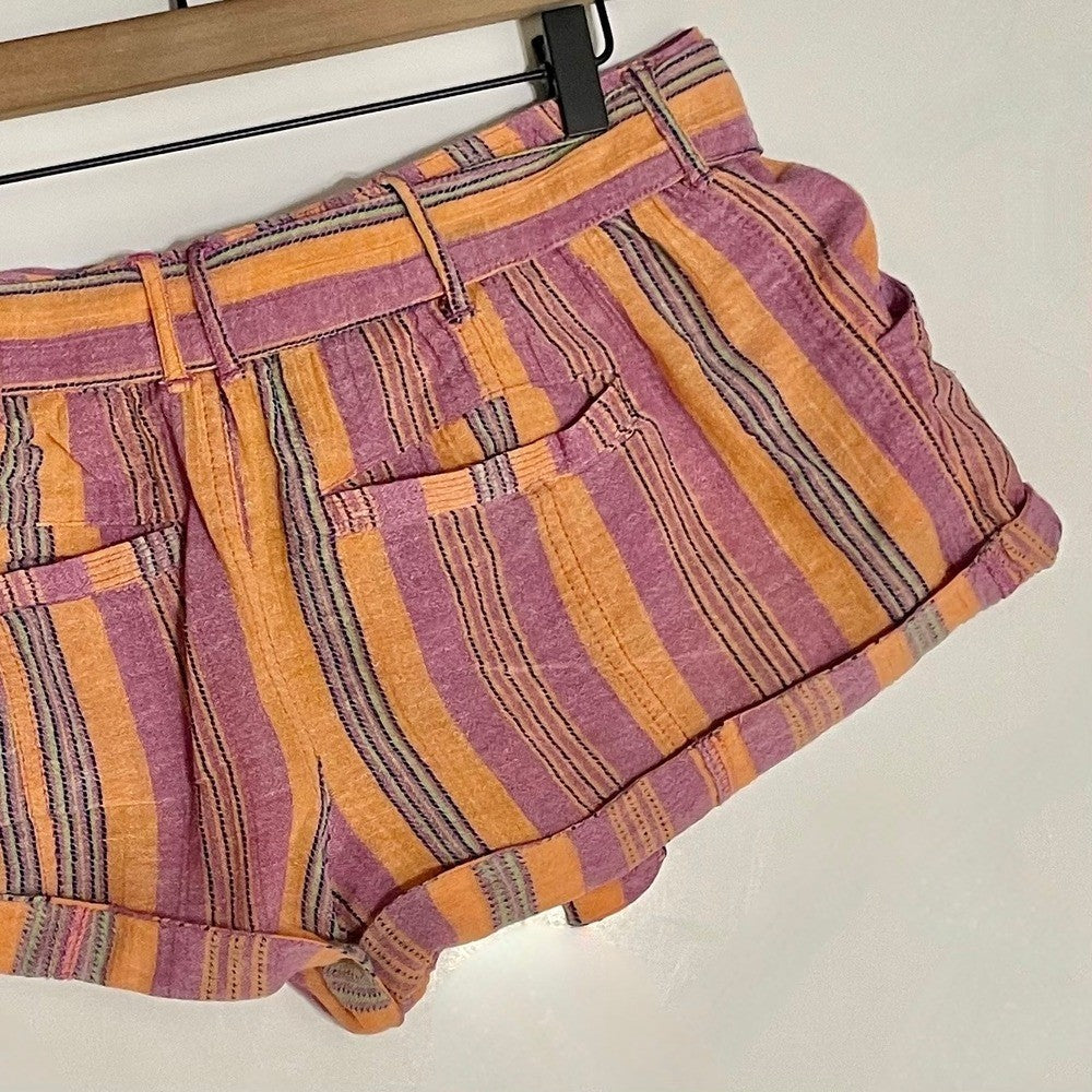 FREE PEOPLE Barbados Bloom Belted Cuffed Shorts Tropical Stripes Vacation 6