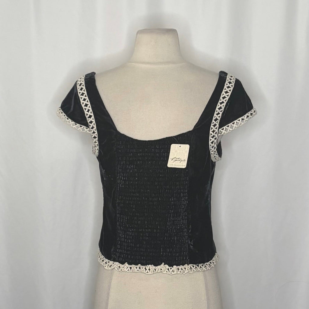 NWT!! FREE PEOPLE Tyler Velvet Corset Top Black Cream Embroidered Bohemian Large