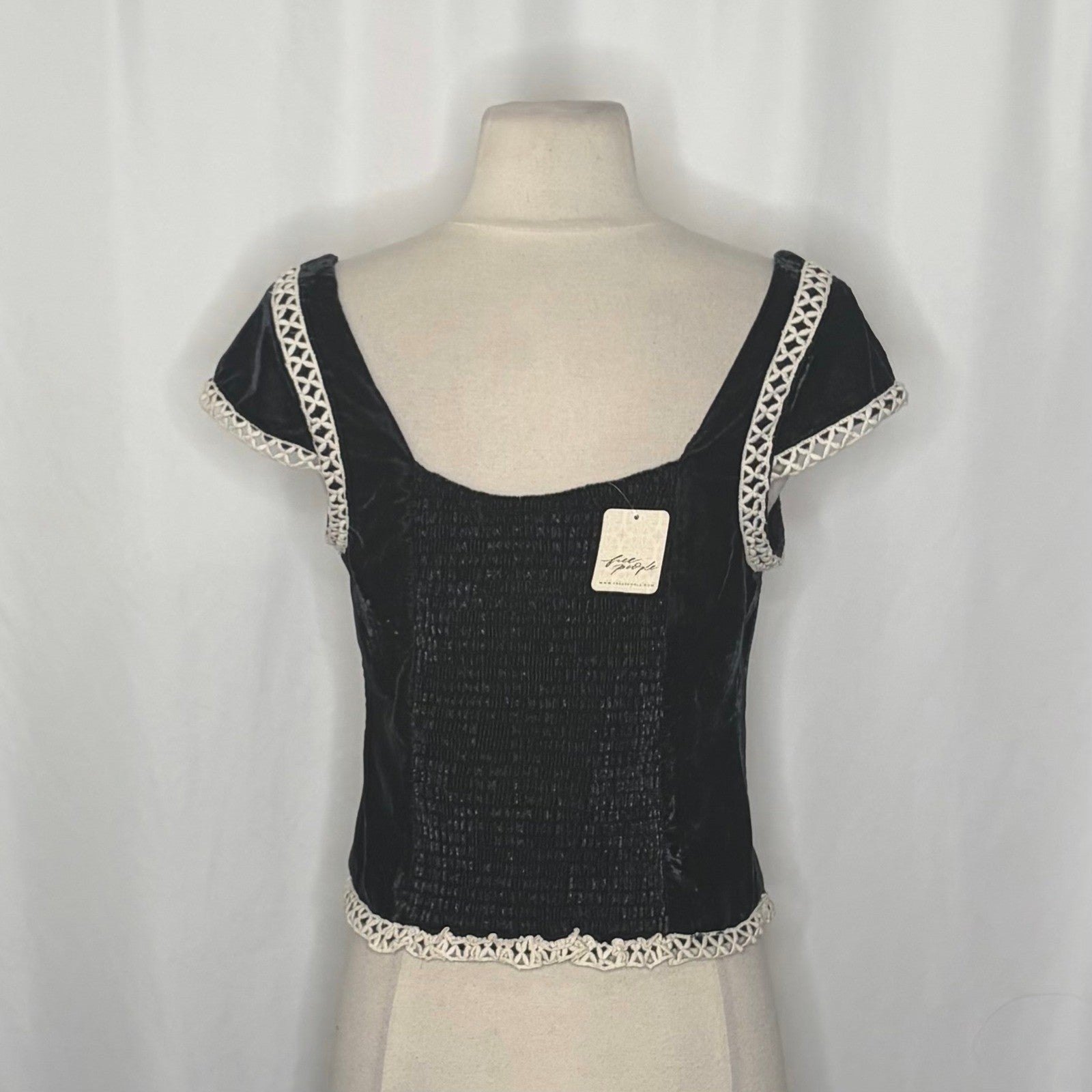 NWT!! FREE PEOPLE Tyler Velvet Corset Top Black Cream Embroidered Bohemian Large