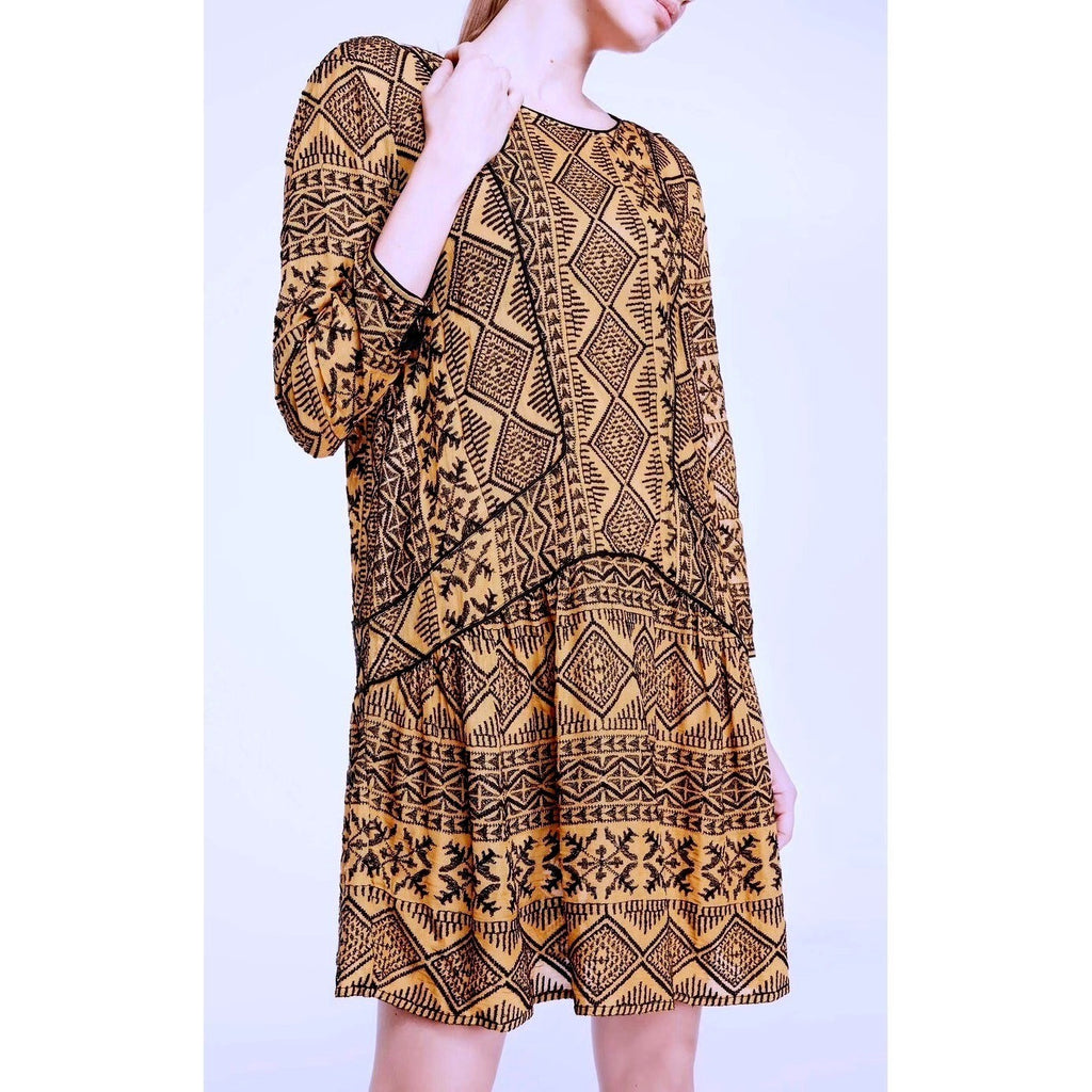 BA&SH Mara Embroidered Geometric Drop Waist Dress Golden Yellow Size 2 / Medium