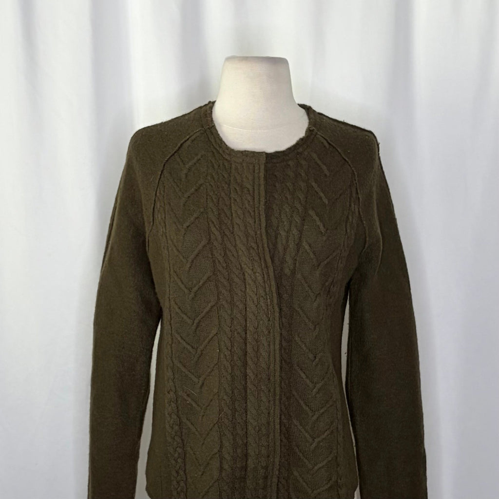 Anthropologie KNITTED & KNOTTED Green Wool Zippered Cable Knit Cardigan Medium