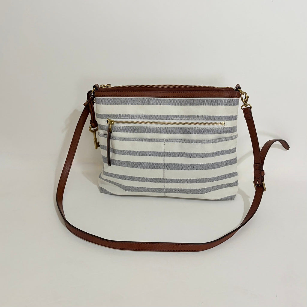 FOSSIL Fiona Blue WhiteStripe Large Crossbody Bag Purse Brown Faux Leather