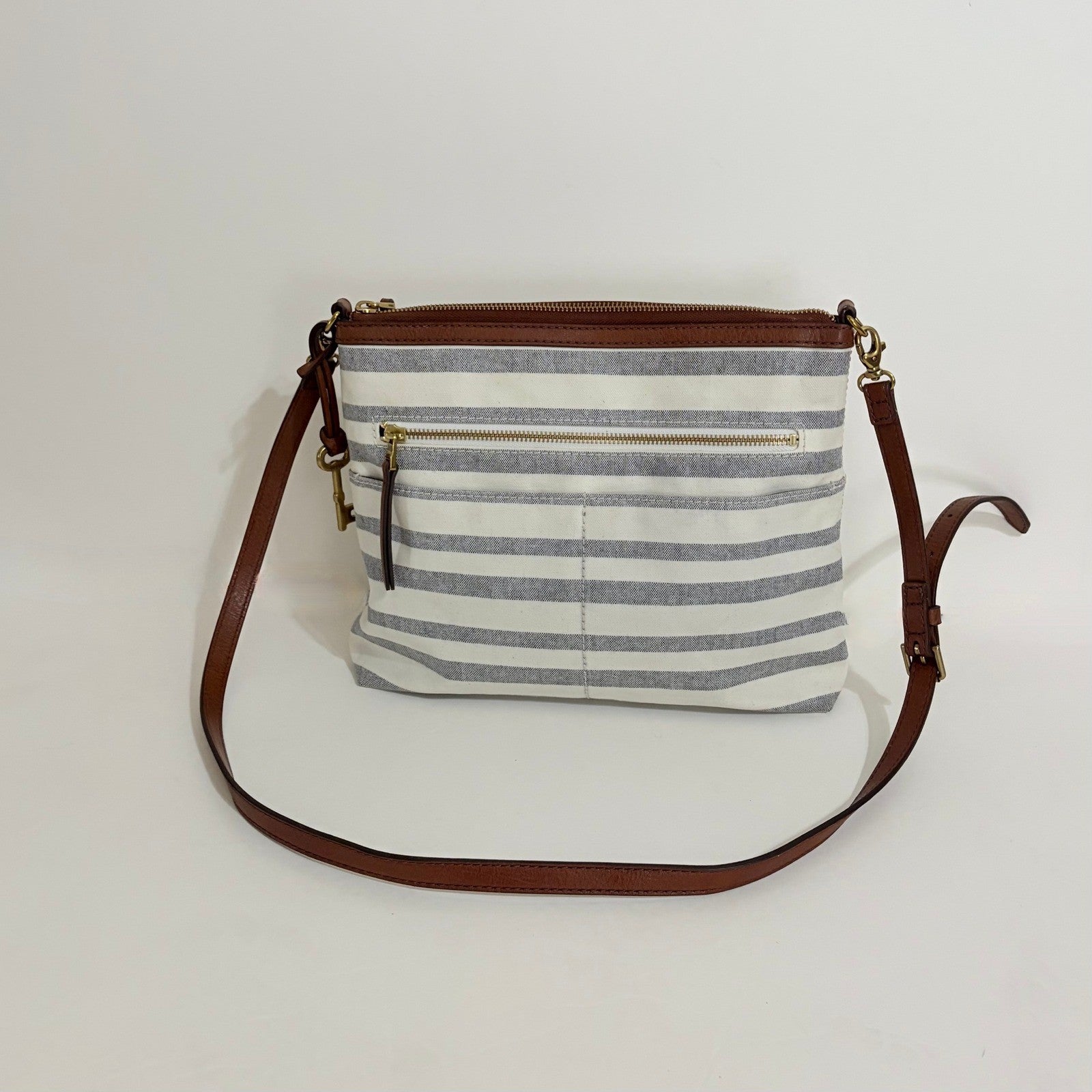 FOSSIL Fiona Blue WhiteStripe Large Crossbody Bag Purse Brown Faux Leather