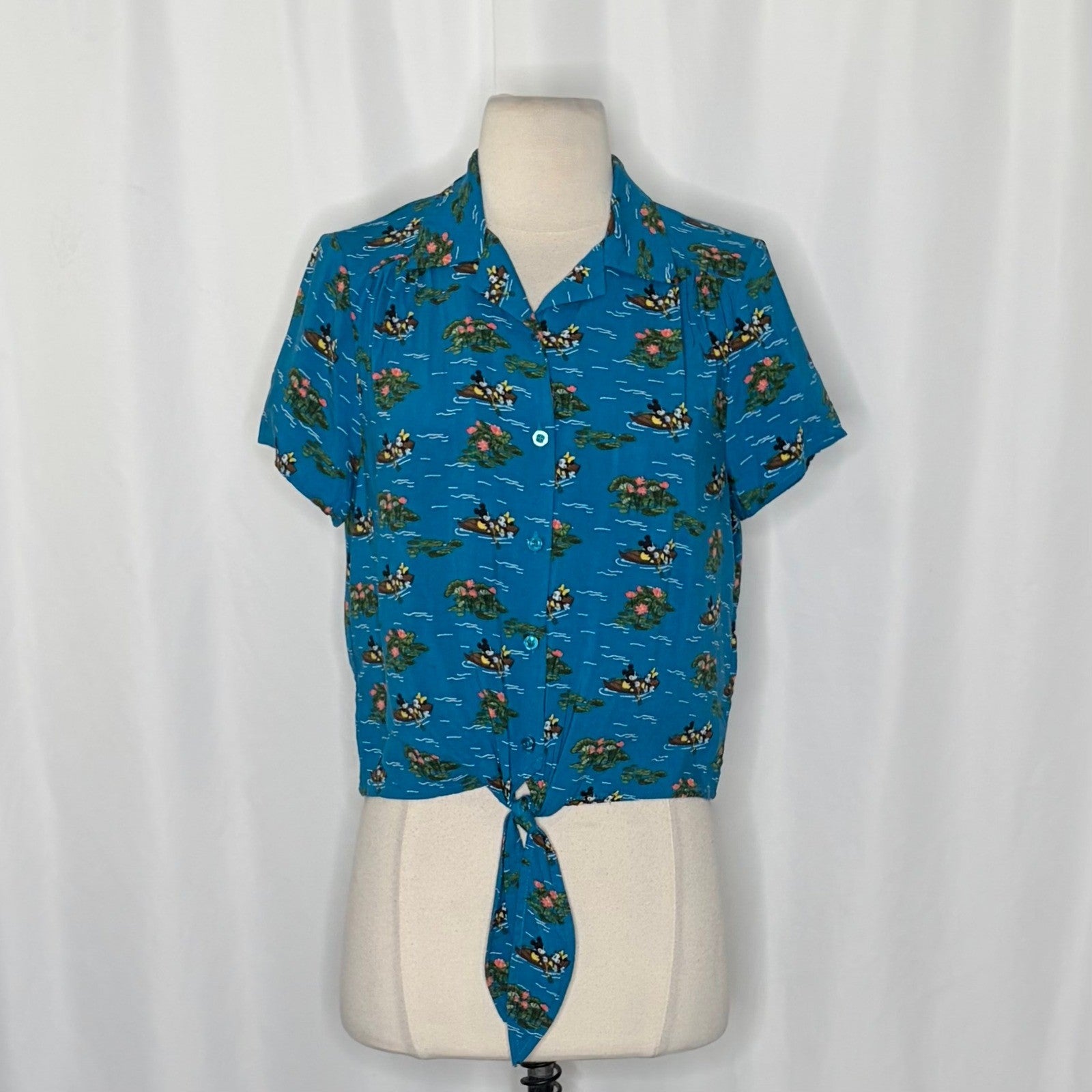 DISNEY Mickey Mouse Minnie Mouse Cropped Tie Waist Buttondown Shirt Blue Small