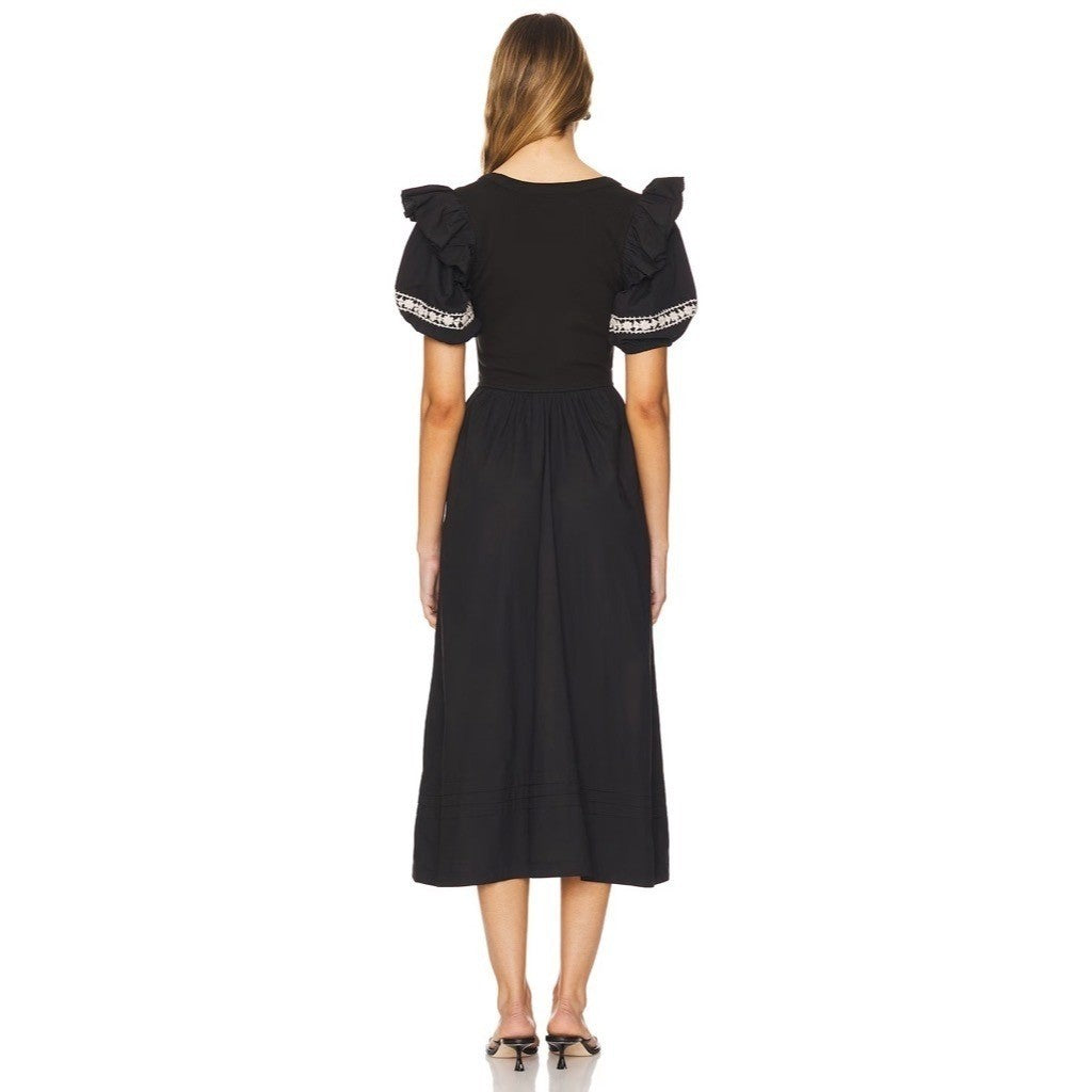 NWT!! CLEOBELLA Selma Midi Dress Embroidered Black Ruffle Puff Sleeves X-Small