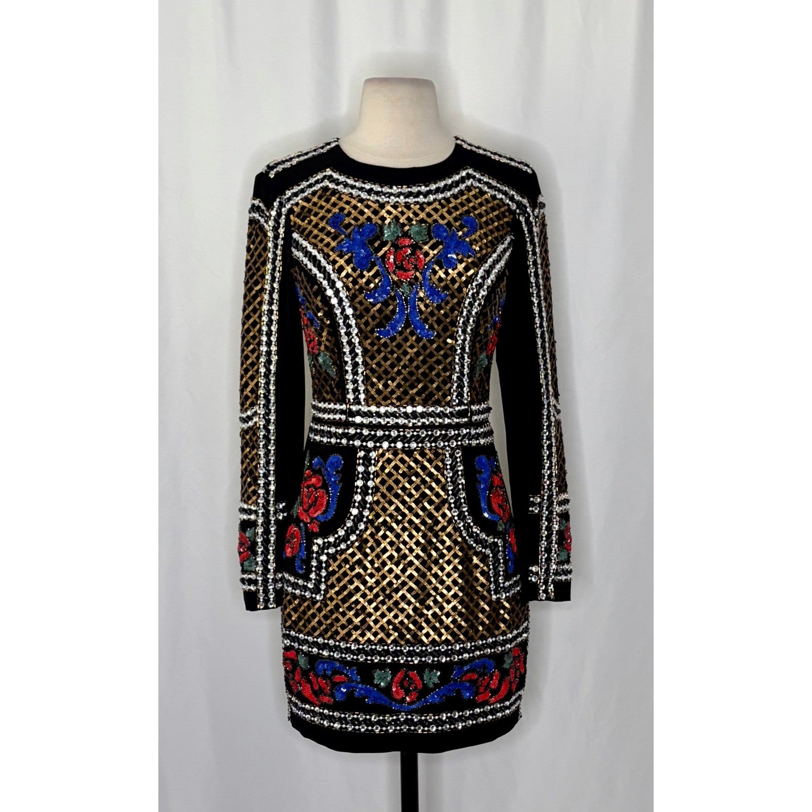BEBE Black Beaded Sequin Crepe Dress Balmain Bodycon Mini Glam Floral Party 4