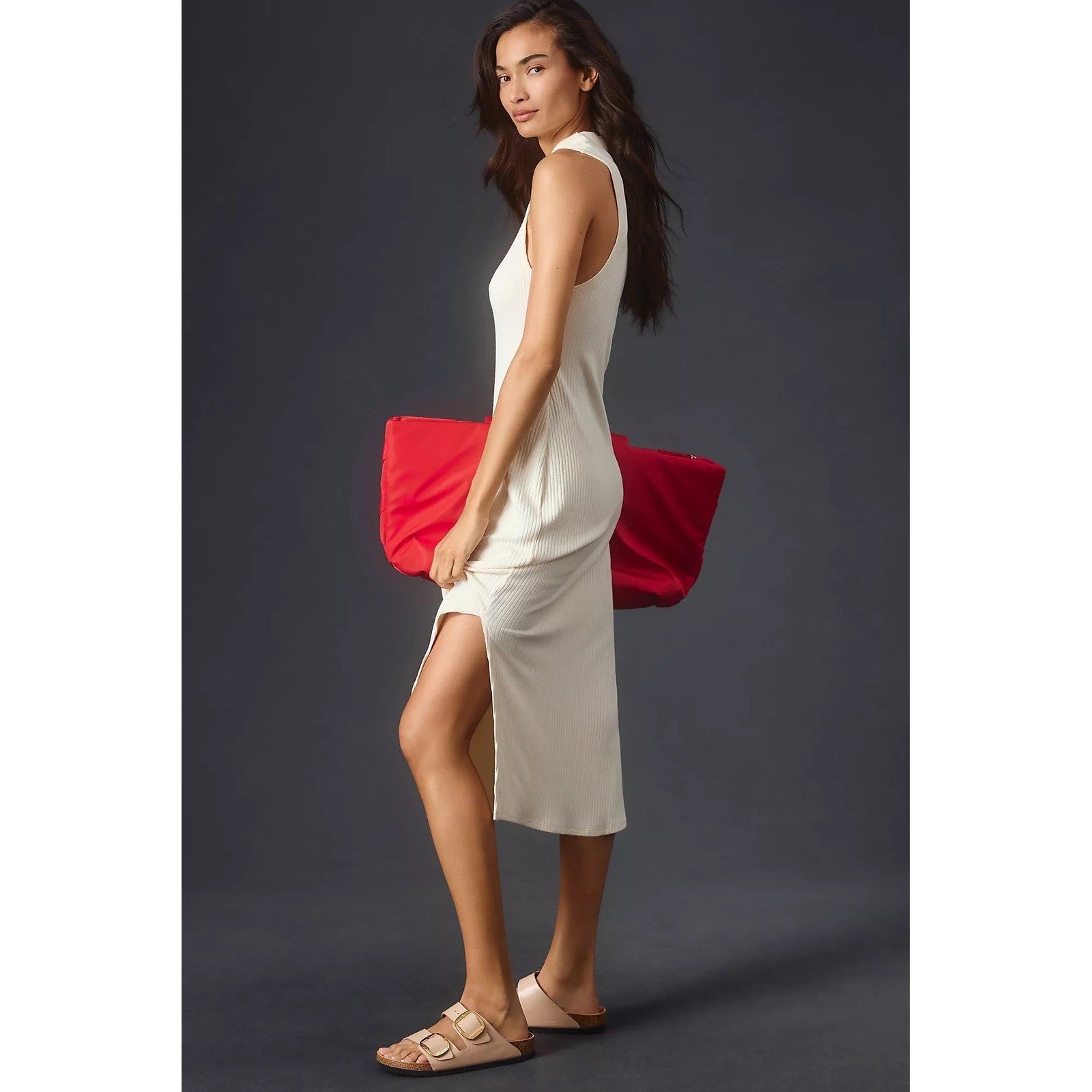 Anthropologie BEYOND YOGA Well Traveled Midi Dress Solid Ivory Ribbed Medium