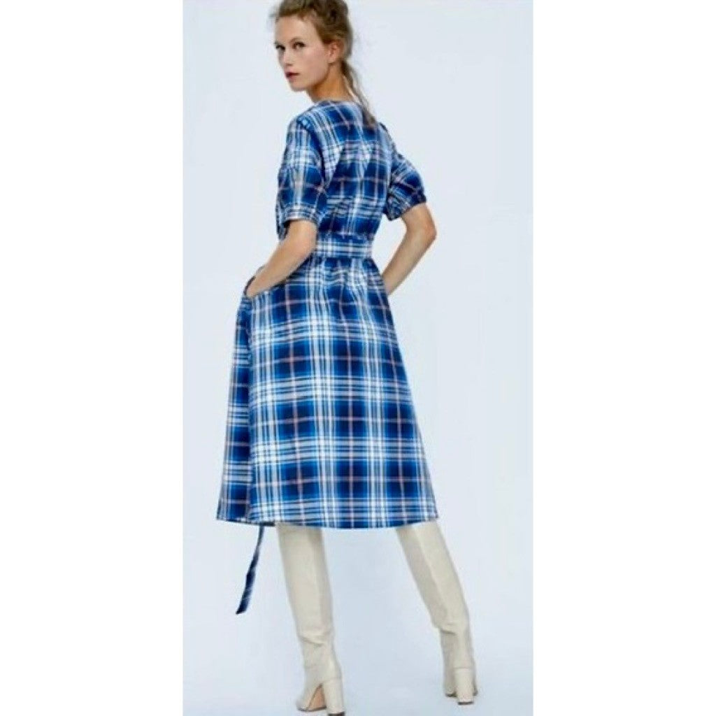 ZARA Blue Plaid Taffeta Dress Belted Tie Waist Midi Buttondown Preppy Small