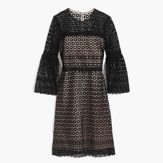 J. CREW Bell Sleeve Black Daisy Guipure Lace Cocktails Little Black Dress 2
