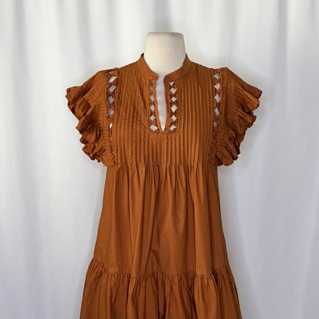 SEA New York Phoebe Ruffled Flutter Sleeve Dress Poplin Pleated Brown Small