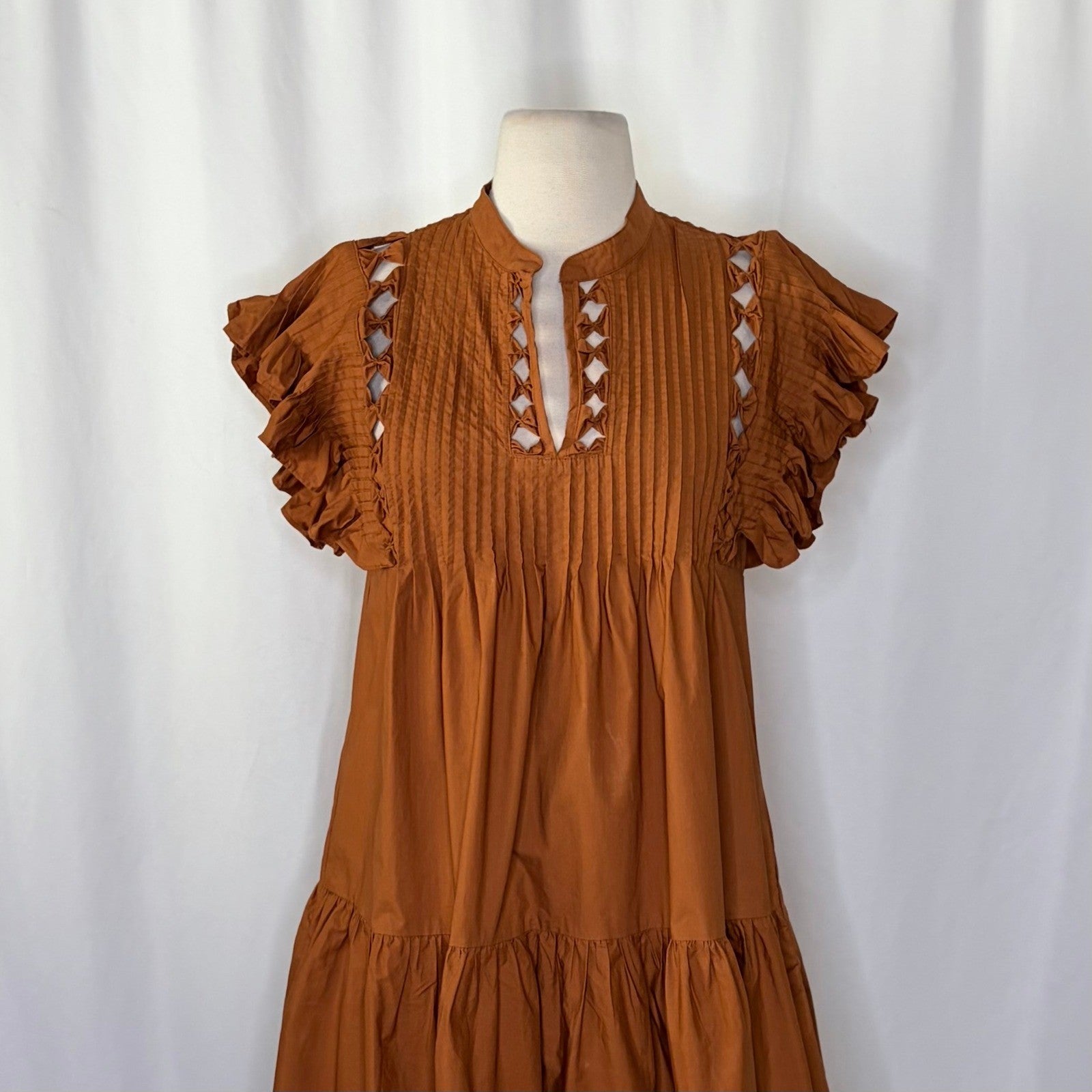 SEA New York Phoebe Ruffled Flutter Sleeve Dress Poplin Pleated Brown Small