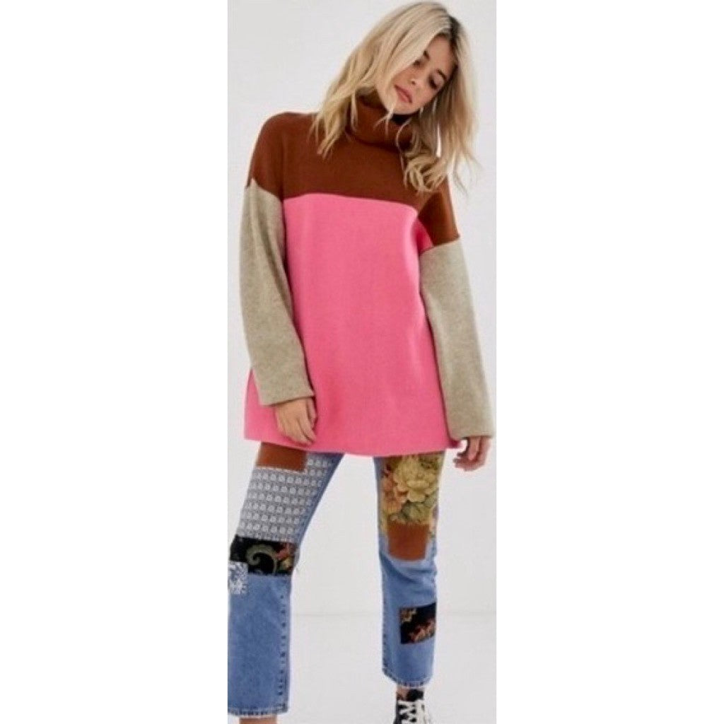 FREE PEOPLE Softly Structured Colorblock Sweater Turtleneck Candy Pop Medium