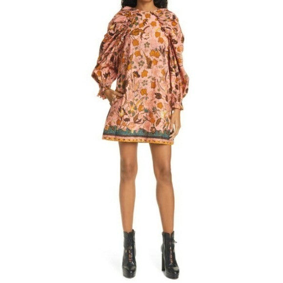 ULLA JOHNSON Devya Dress Blush Pink Floral Mini Ruffled Balloon Sleeve Size 4