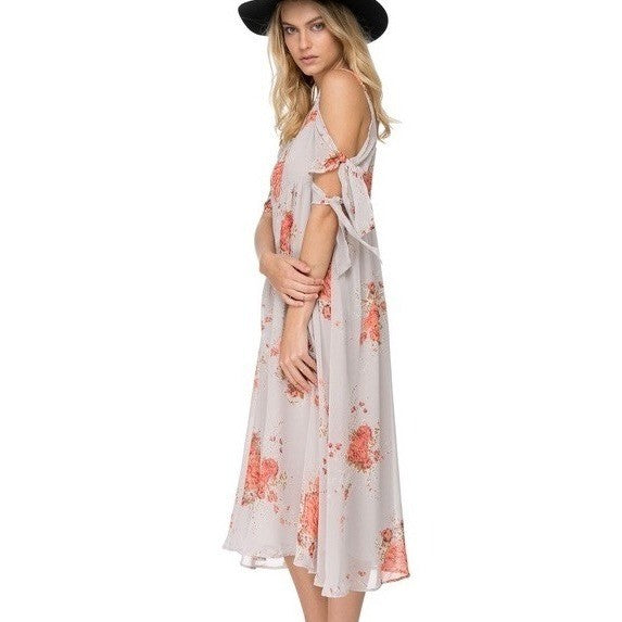 FREE PEOPLE Tied To You Floral Midi Dress Sand Combo Chiffon Bohemian Small