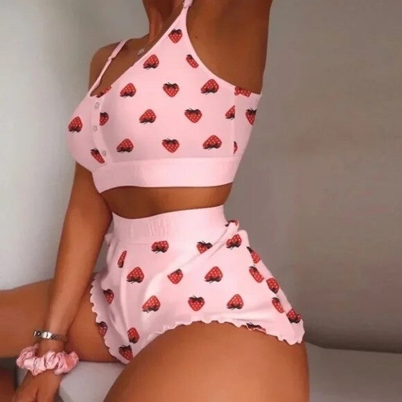 NEW!! STRAWBERRY Print Red Pink Cropped Loungewear Two Piece Set X-Large