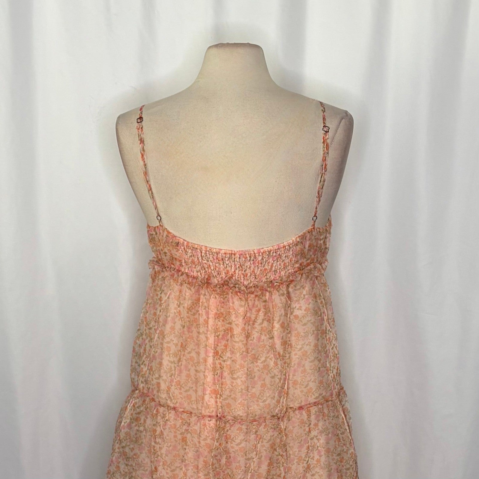 ZARA Organza Pink Peach Floral Maxi Dress Tiered Sundress Summer Vacation Medium