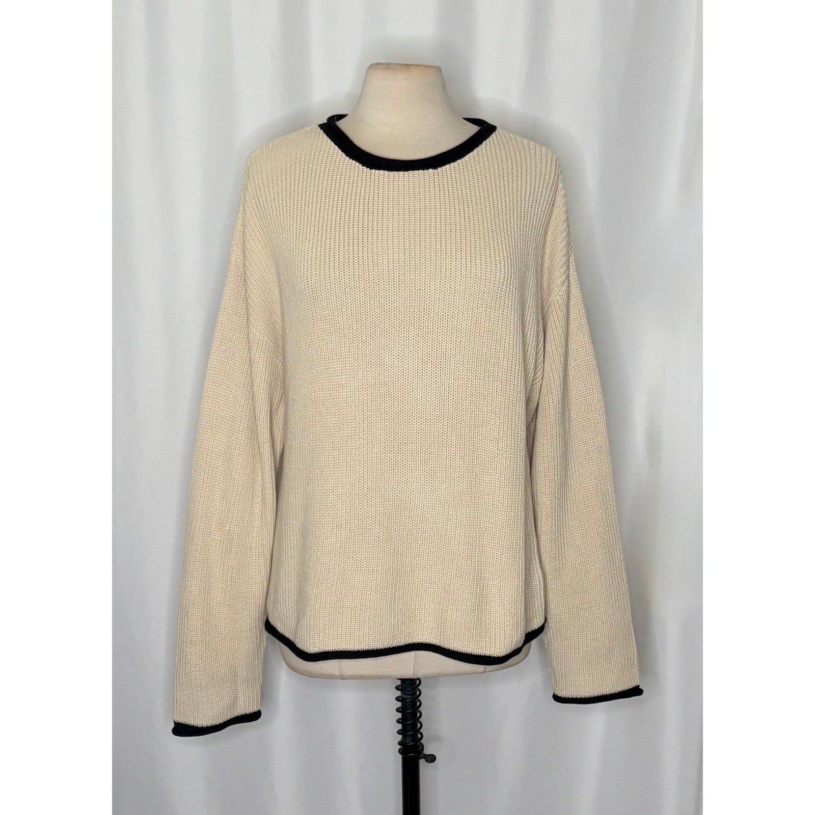 BALTIC BORN Beige Ivory Black Pullover Sweater Rolled Edges Knitwear Large