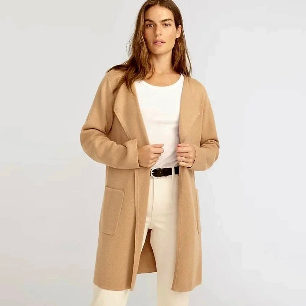 J. CREW Juliette Collarless Sweater Blazer Solid Tan Brown Longline Knit Small