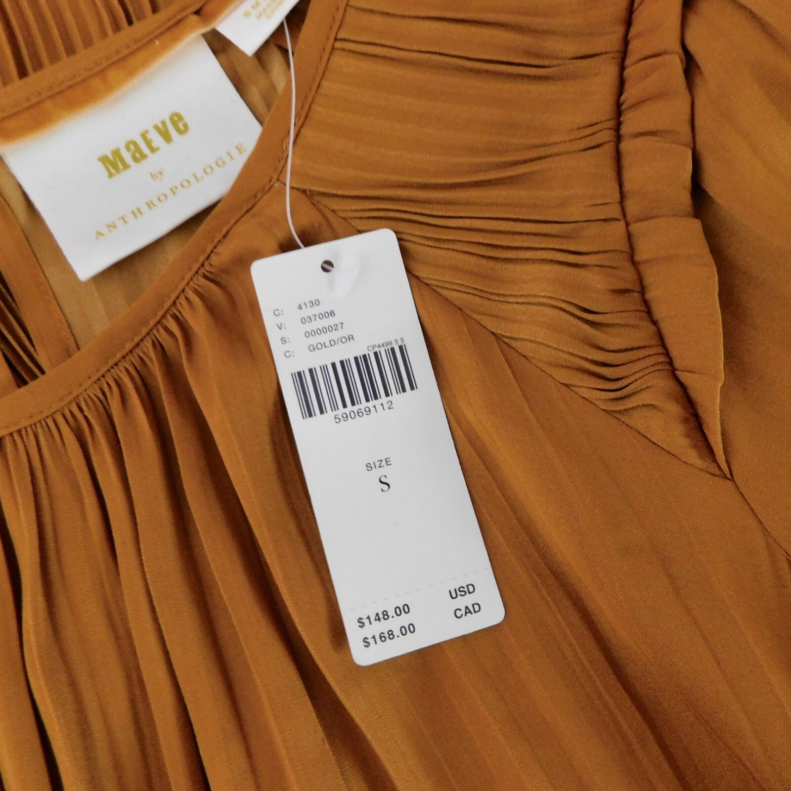 NWT!! Anthropologie MAEVE Saniya Mini Dress Solid Gold Pleated Flirty Small