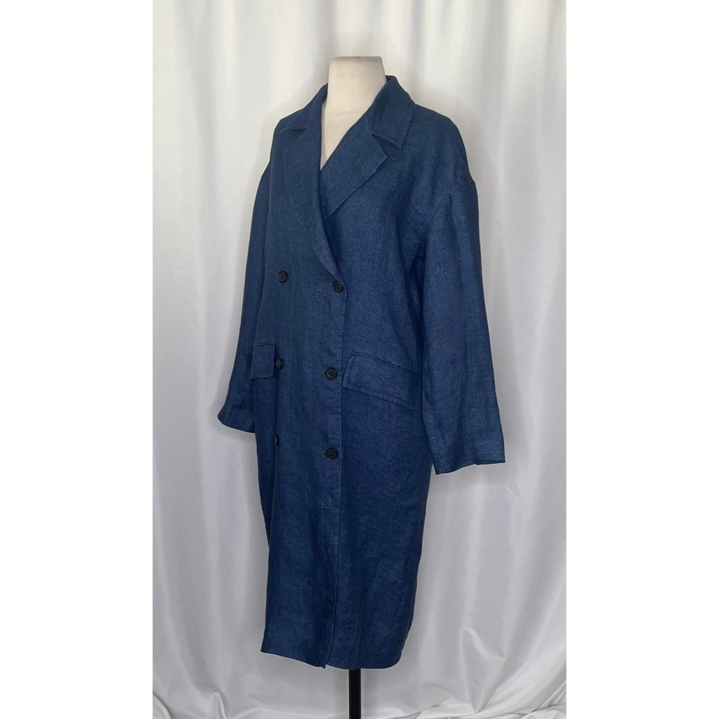 ZARA Limited Edition Linen Coat Buttons Pockets Double Breasted Blue X-Small