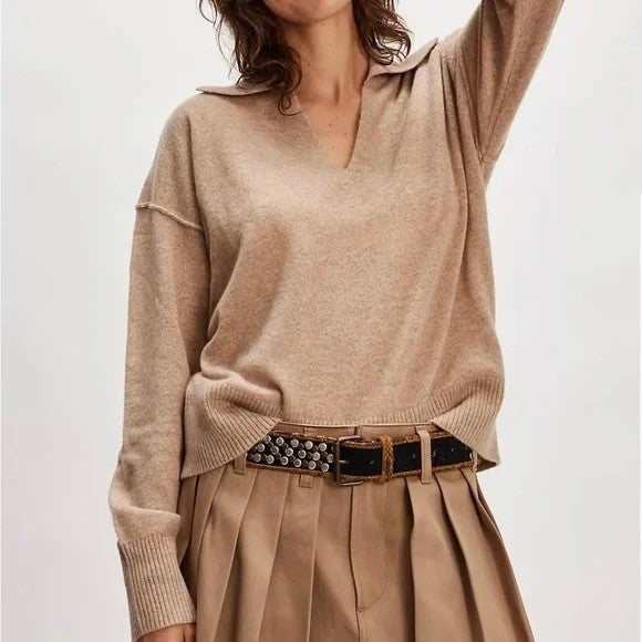 NWT!! FREE PEOPLE Eloura Cashmere Henley Sweater Solid Light Brown Tan X-Large