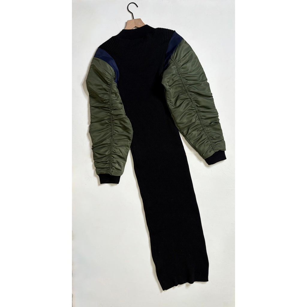 NWT!! ZARA Contrast Nylon Midi Dress Ribbed Knit Olive Green Black Blue Large