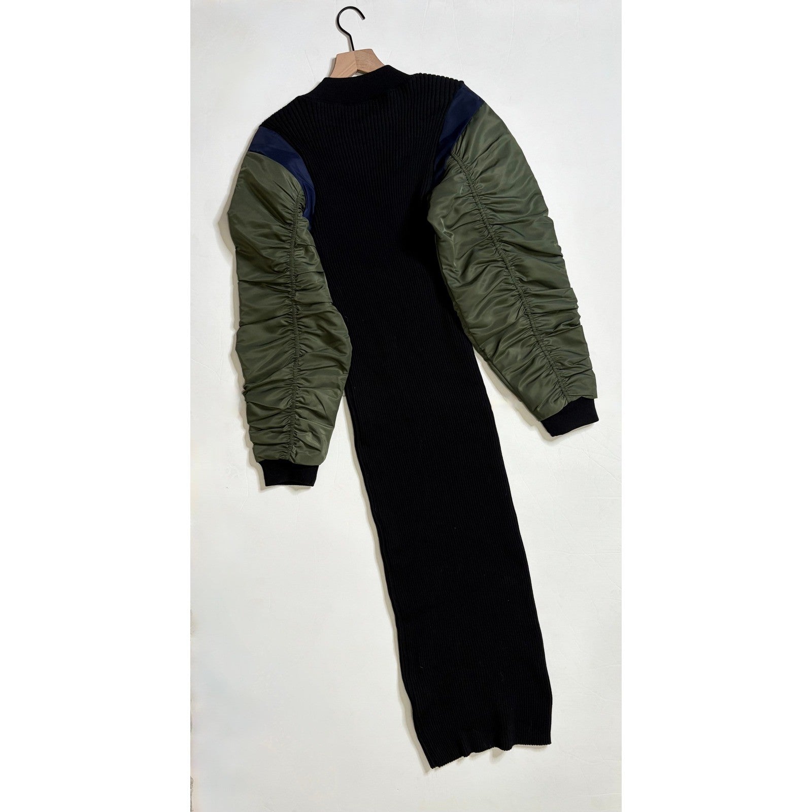 NWT!! ZARA Contrast Nylon Midi Dress Ribbed Knit Olive Green Black Blue Large