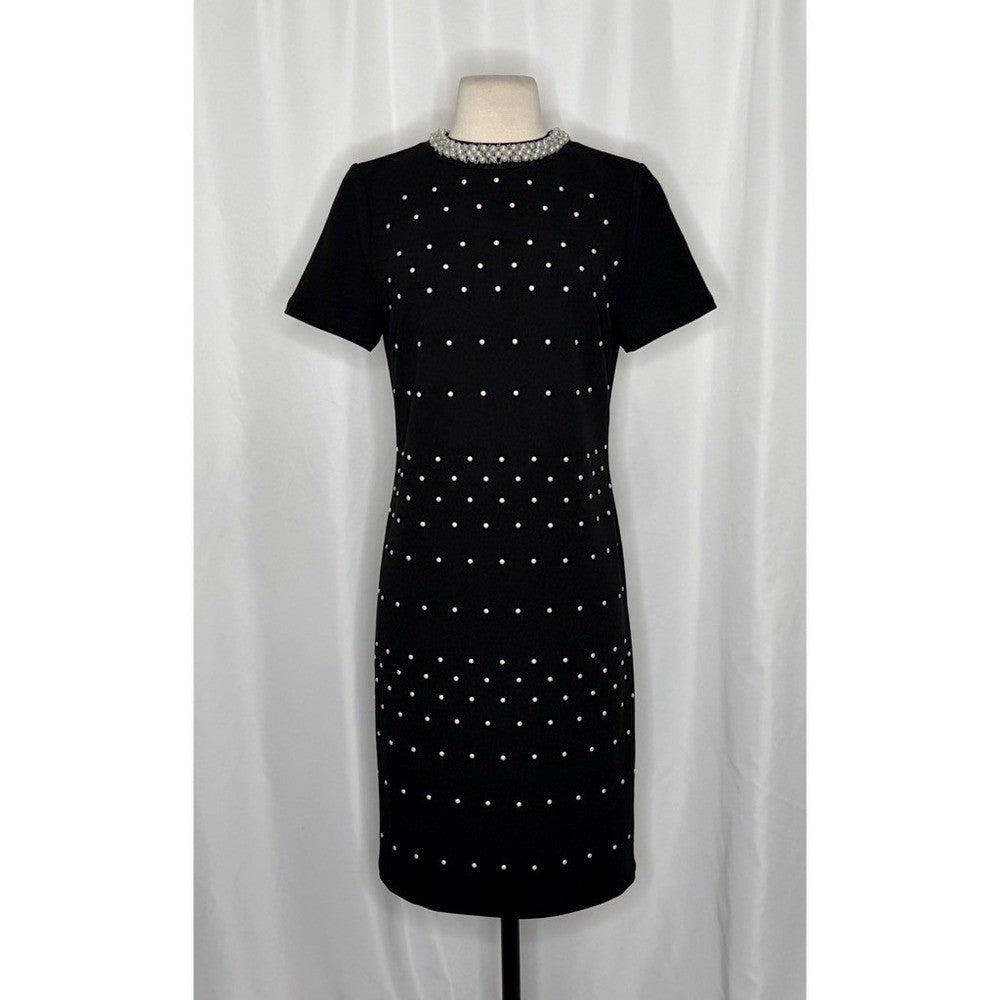 NWT!! MING WANG Heritage Fit Embellished Crepe Sheath Dress Black Pearls X-Small