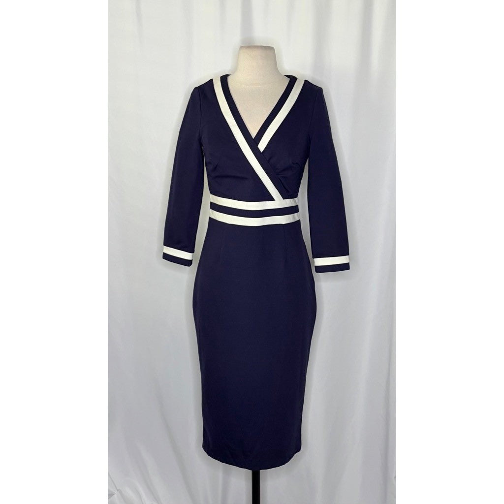 BODEN Nellie Ponte Knit Dress Navy Blue White Preppy Nautical Modest Size 4