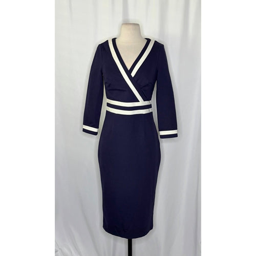 BODEN Nellie Ponte Knit Dress Navy Blue White Preppy Nautical Modest Size 4