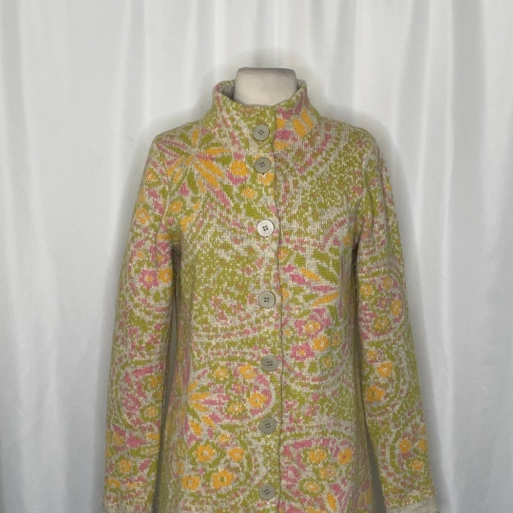 SUNDANCE Floral Longline cardigan Sweater Lambswool Mock Neck XSP X-Small Petite