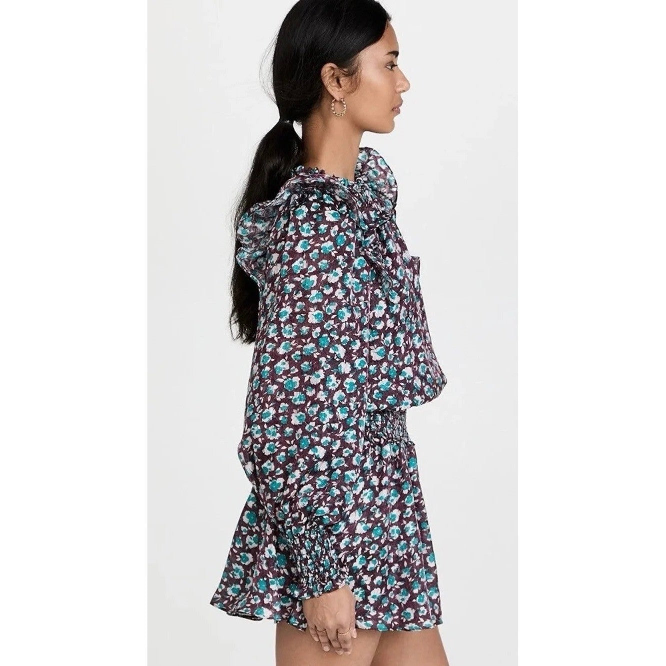 RAMY BROOK Silk Penelope Dress Roco Floral Mini Ruffled Smocked Purple Teal XS