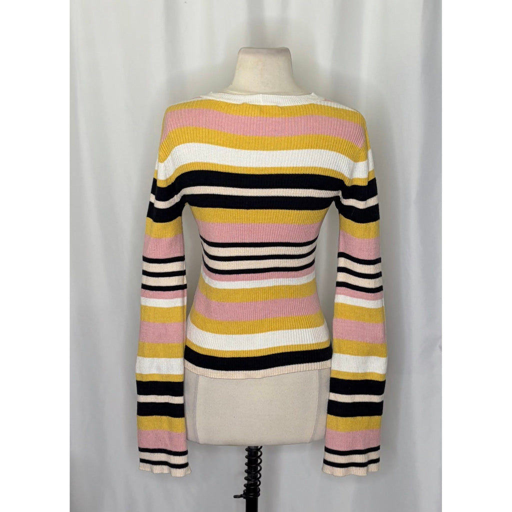 FRAME Denim Baja Citrine Stripe Sweater Cashmere Ribbed Knit Flare Sleeves Small