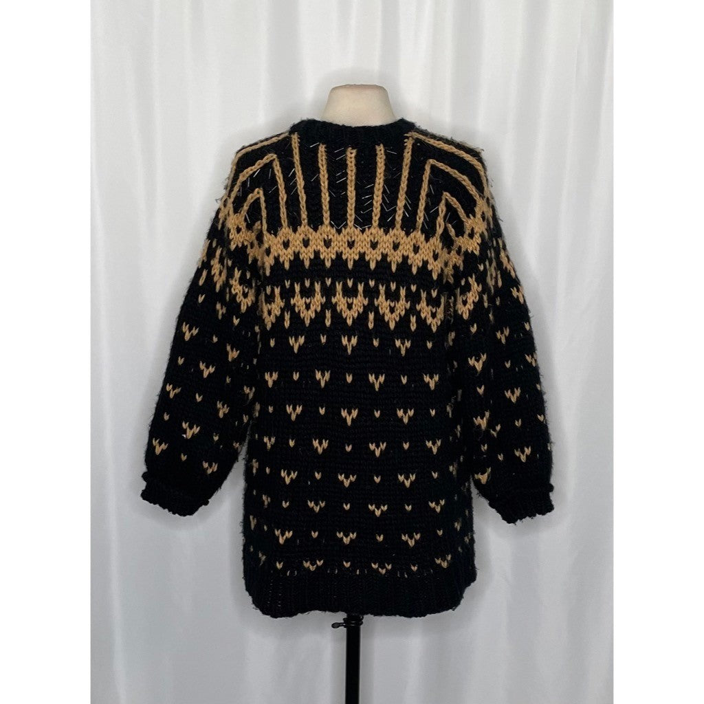 ZARA Limited Edition Beaded Jacquard Sweater Black Brown Oversized Chunky Small