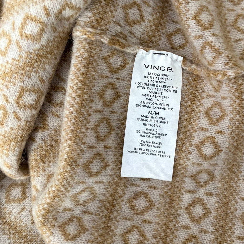 VINCE Cashmere Fair Isle V Neck Sweater Sandshell Combo Preppy Pullover Medium