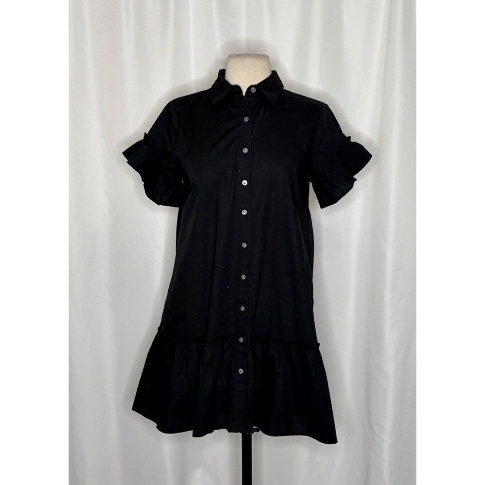 NWT!! J. CREW Factory Ruffle Sleeve Mini Shirtdress Solid Black 2P 2 Petite