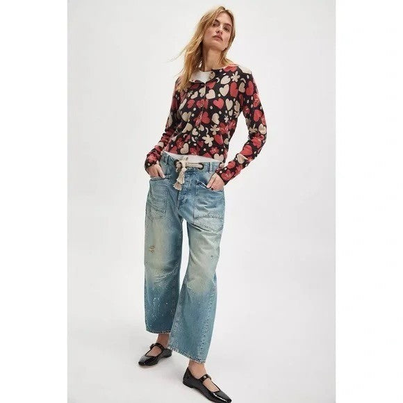 NWT!! FREE PEOPLE Nocturnal Patterned Cardi Black Retro Combo Hearts Floral XS