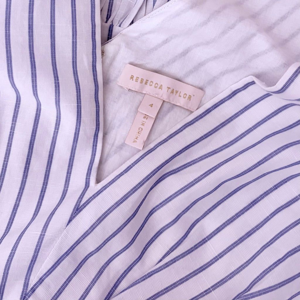 REBECCA TAYLOR Sleeveless Stripe Linen Wrap Dress Ruffle White Milk Blue Sky 4
