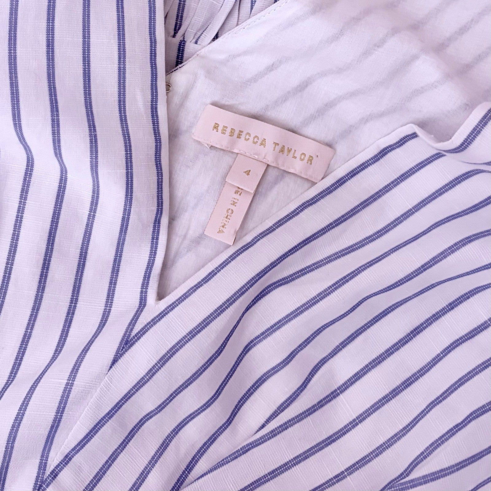 REBECCA TAYLOR Sleeveless Stripe Linen Wrap Dress Ruffle White Milk Blue Sky 4