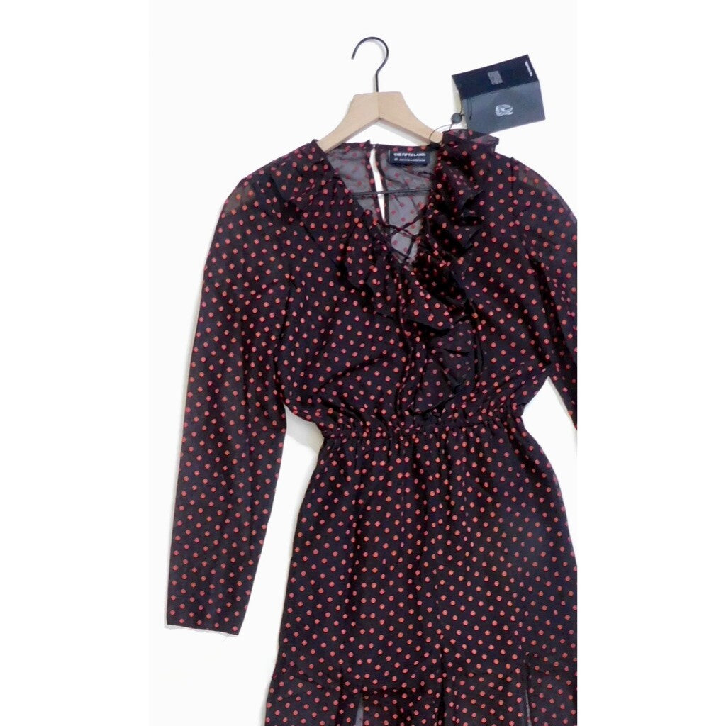 NWT!! THE FIFTH LABEL Titania Jumpsuit Black Red Clip Dot Dots Ruffle X-Small