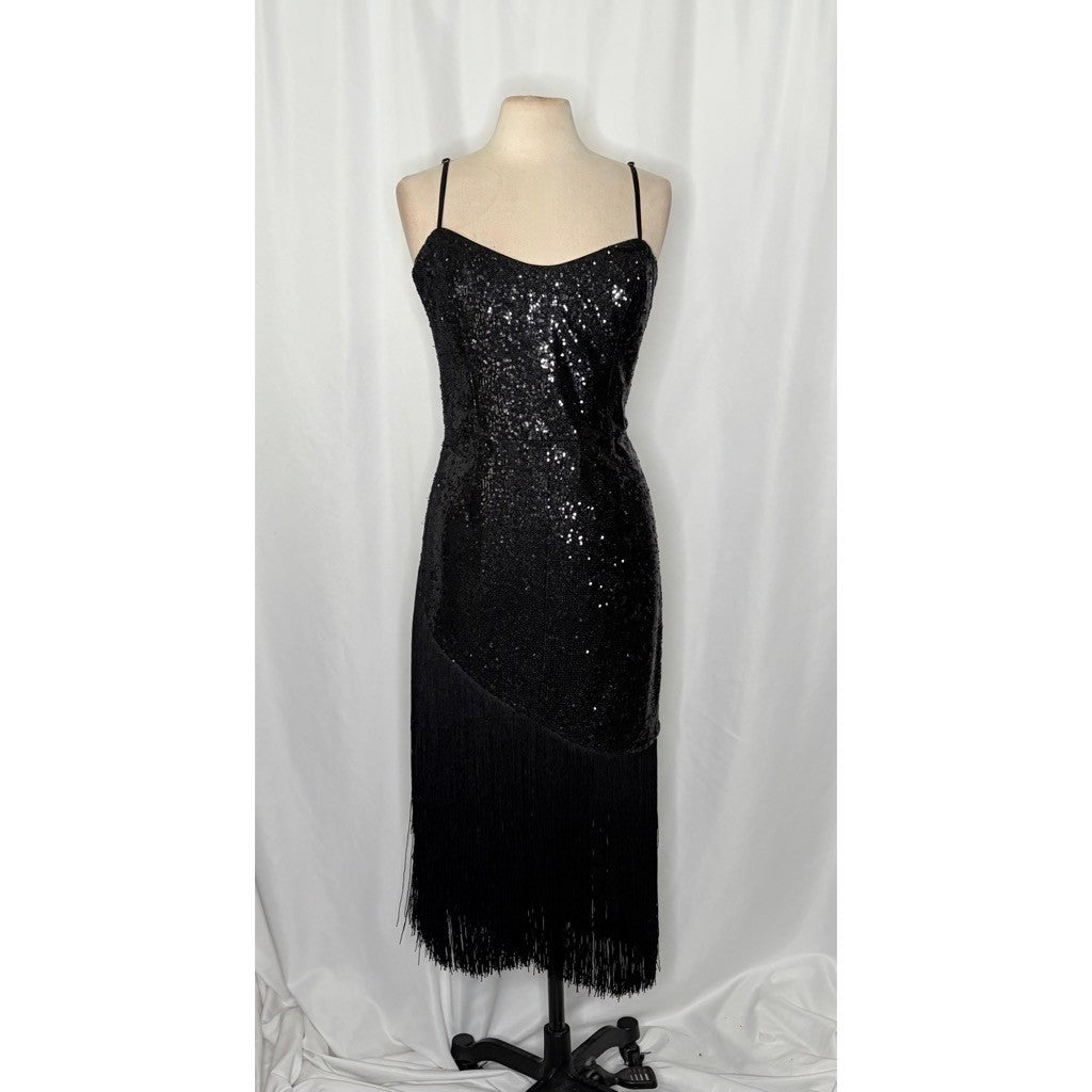 DRESS THE POPULATION Rosella Sequins Tassel Fringe Hem Dress Party X-Large