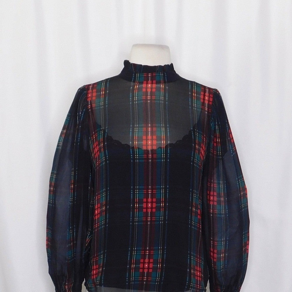 NWT! J. CREW Ruffleneck Top Stewart Tartan Plaid Chiffon Festive Preppy XX-Small