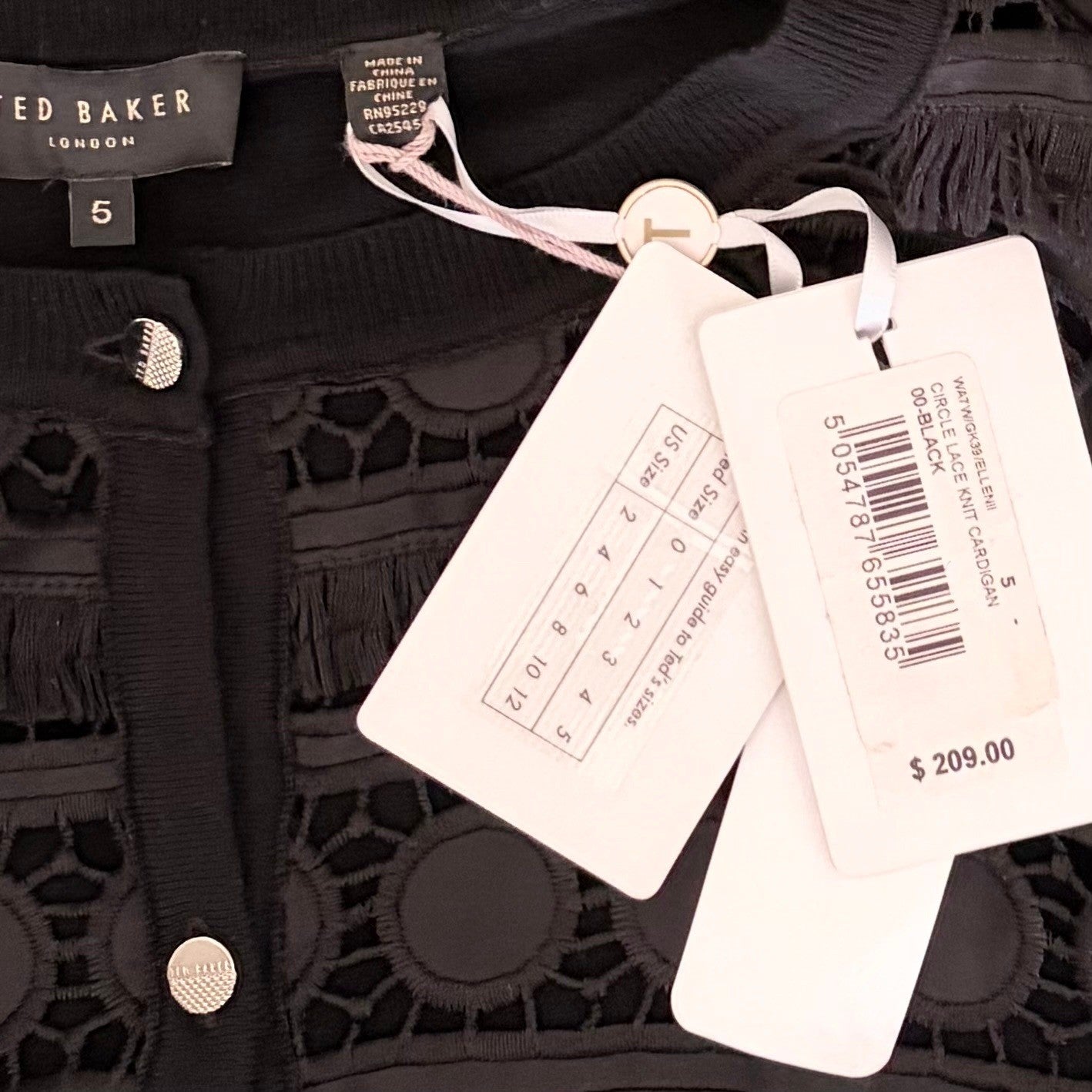 NWT!! TED BAKER London Ellenii Circle Fringe Lace Knit Cardigan Black Size 5 XL