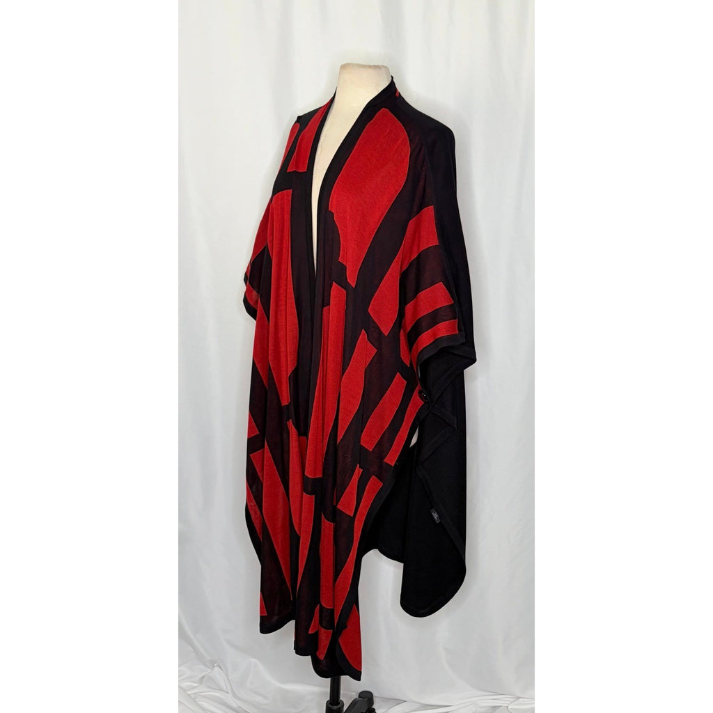 MISOOK Poncho Cape Sweater Red Black Knitwear Button Sides Geometric X-Large