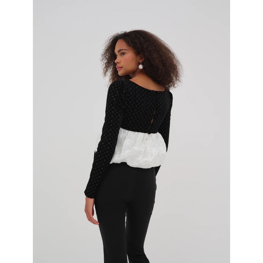 NWT!! FOR LOVE AND LEMONS Elisa Long Sleeve Top Black Velvet Taffeta Eyelet XS