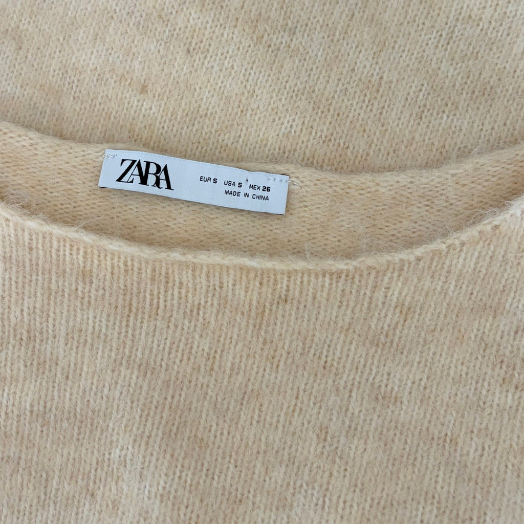 ZARA Bateau Neck Cropped Sweater Wool Solid Ivory Pullover Knit Knitwear Small